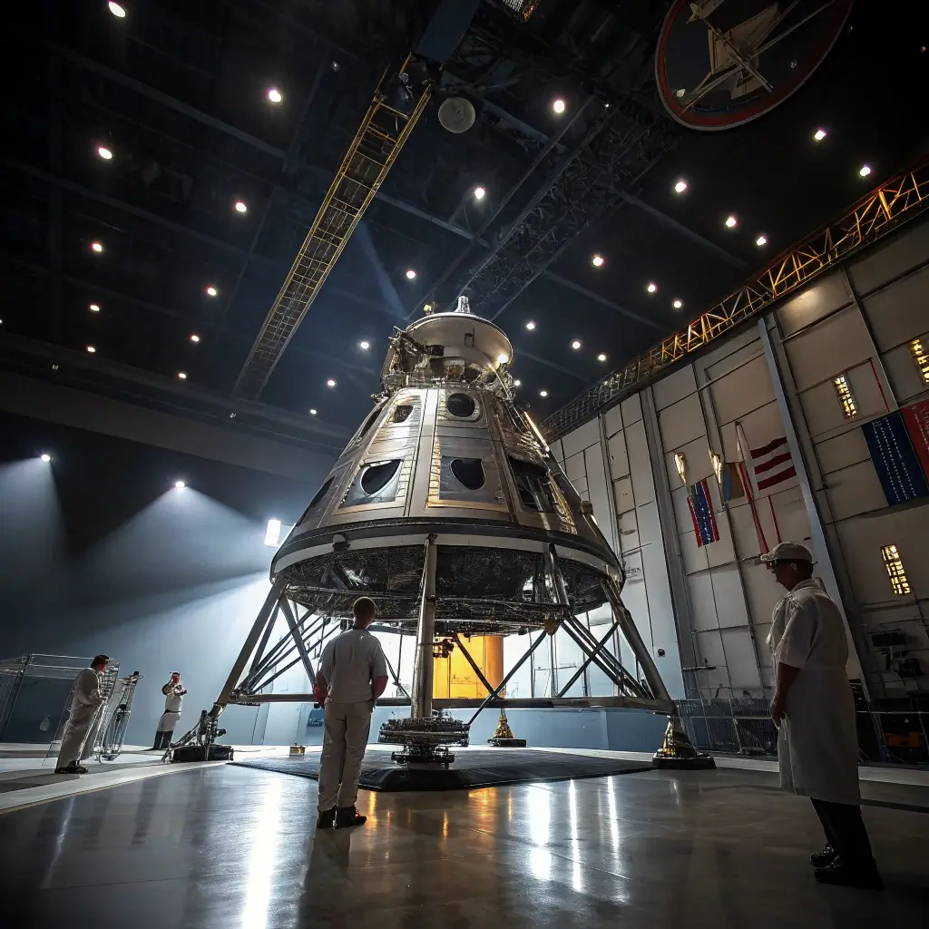 Detailed NASA spacecraft model inside Jet Propulsion Laboratory with dramatic lighting emphasizing intricate engineering details in a wide-angle view