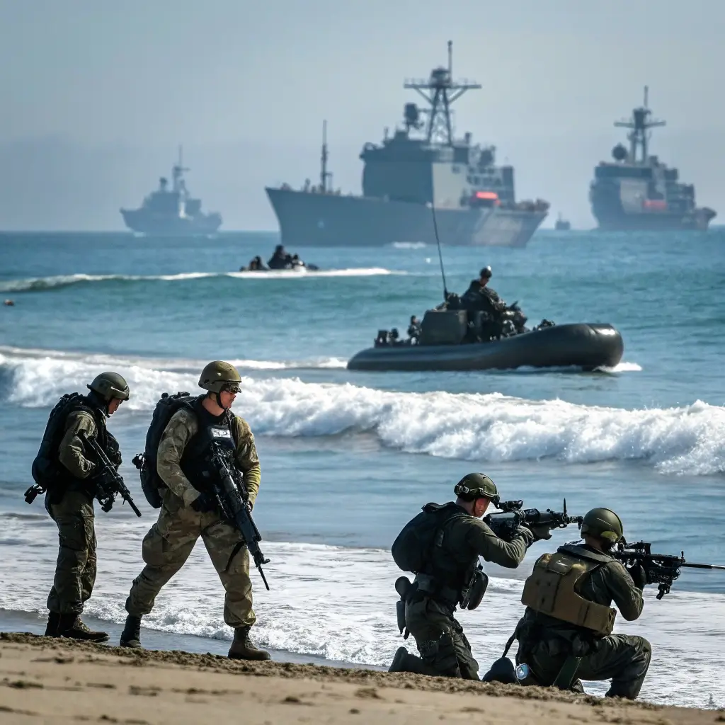 Free Things to Do in Coronado: Your Ultimate Budget-Friendly Island Adventure Guide Navy SEALs performing training exercises on Coronado shoreline with military vessels in the background under natural lighting
