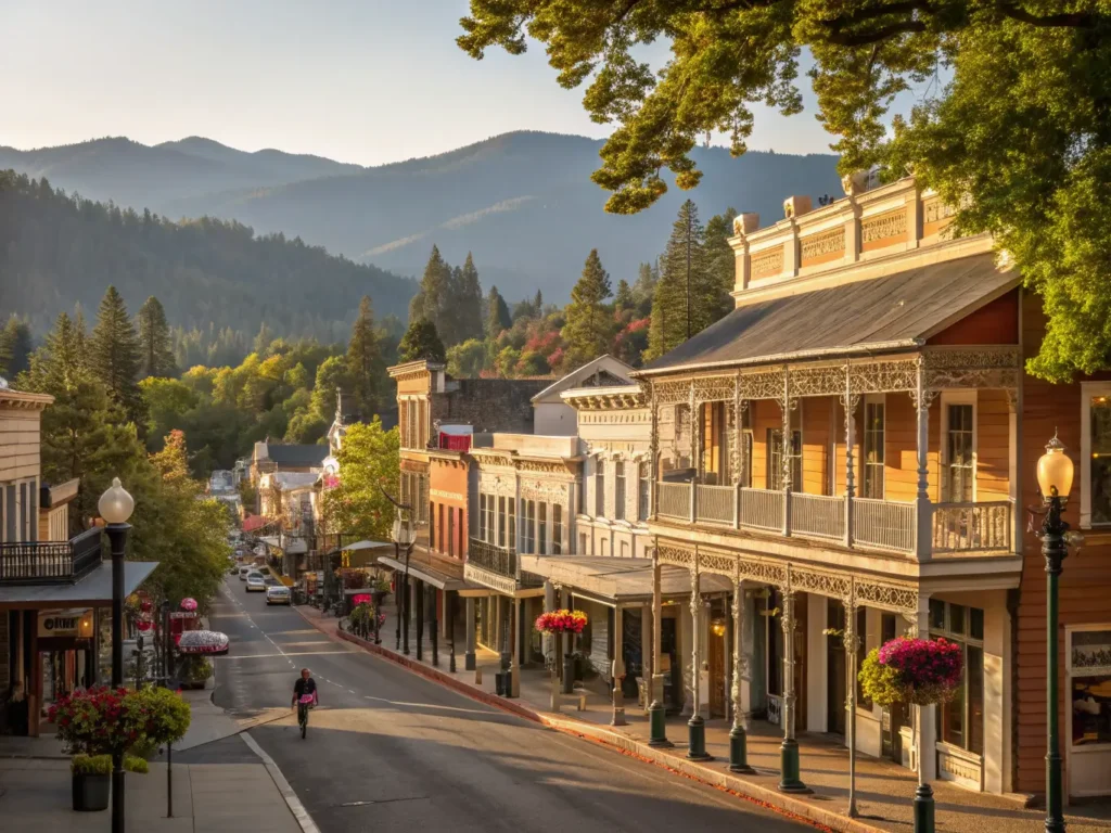 "Broad Street in Nevada City's historic downtown, showcasing Gold Rush Victorian-era architecture, maple tree-lined sidewalks with pedestrians, hanging flower baskets, vintage-style street lamps, and the Sierra Nevada mountains in the background during a warm, golden afternoon."