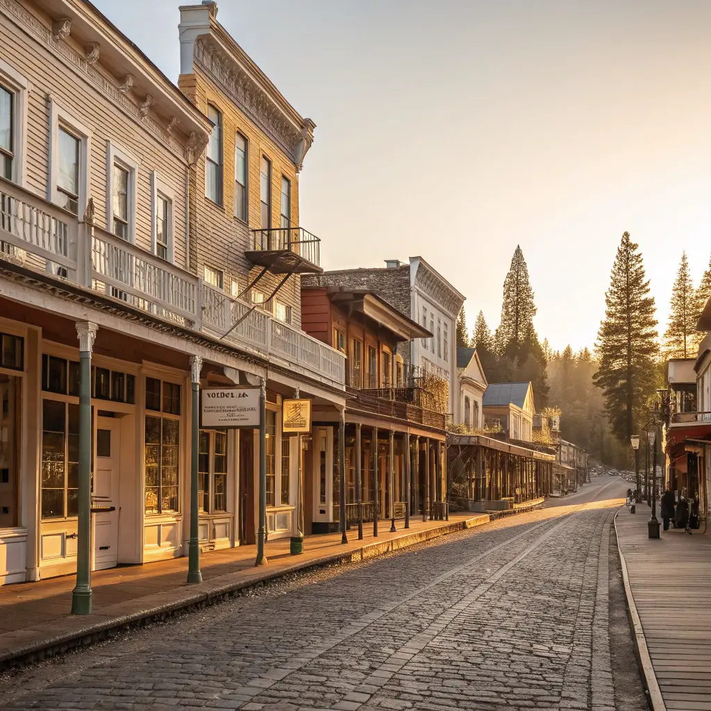Historic downtown Nevada City's Broad Street showcasing Victorian architecture, wooden storefronts under warm afternoon light, empty cobblestone street depicting authentic Gold Rush era