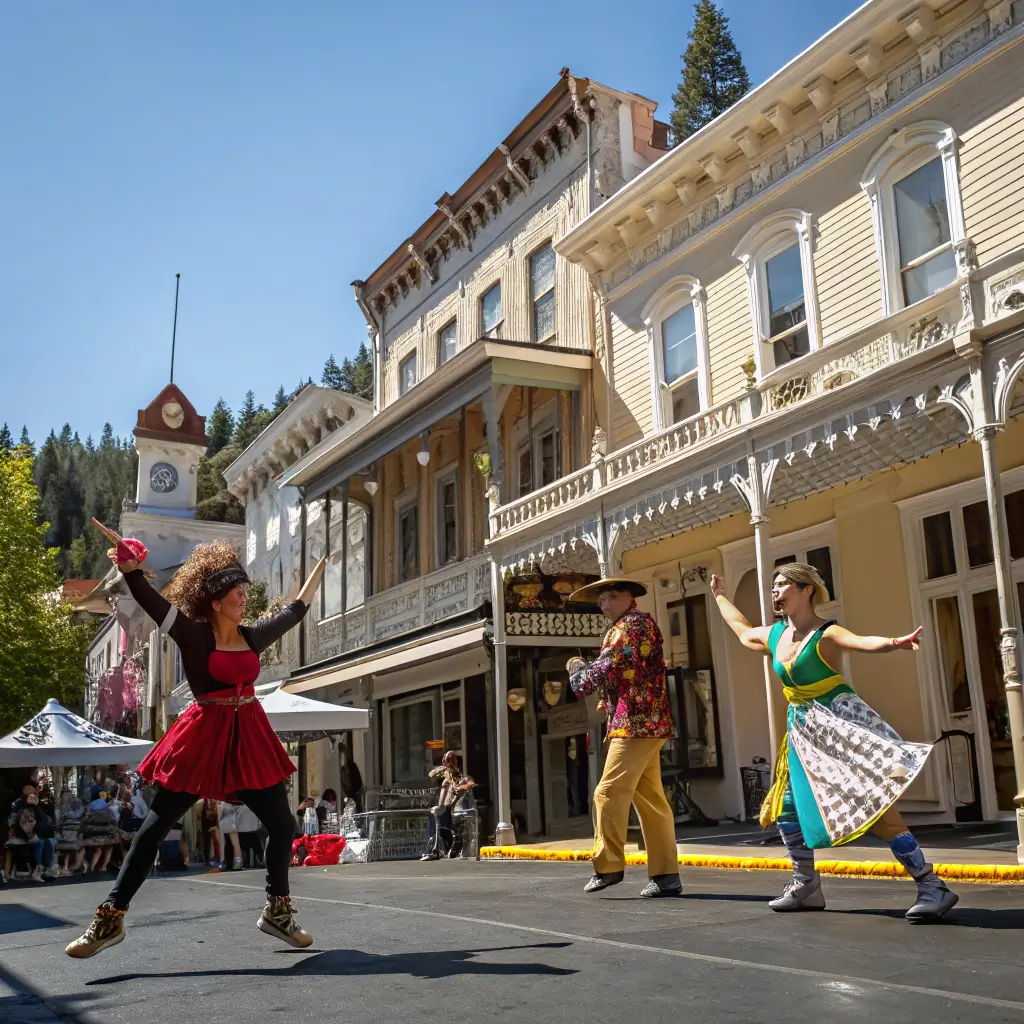 Street performers in eclectic costumes mid-performance on a vibrant Victorian-era Nevada City street, bustling with architectural details and dappled sunlight.
