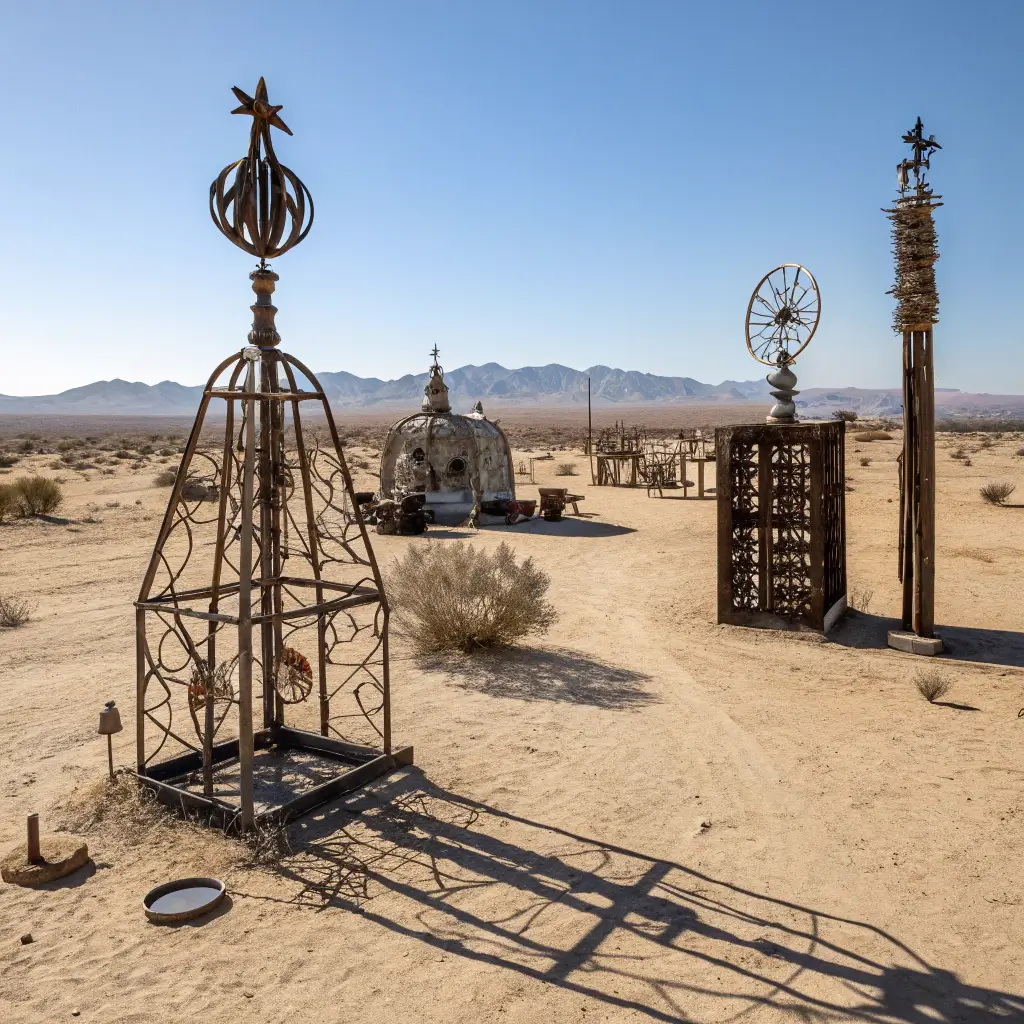 Surreal metal sculptures at Noah Purifoy Outdoor Desert Art Museum, casting stark shadows on the minimalist desert terrain