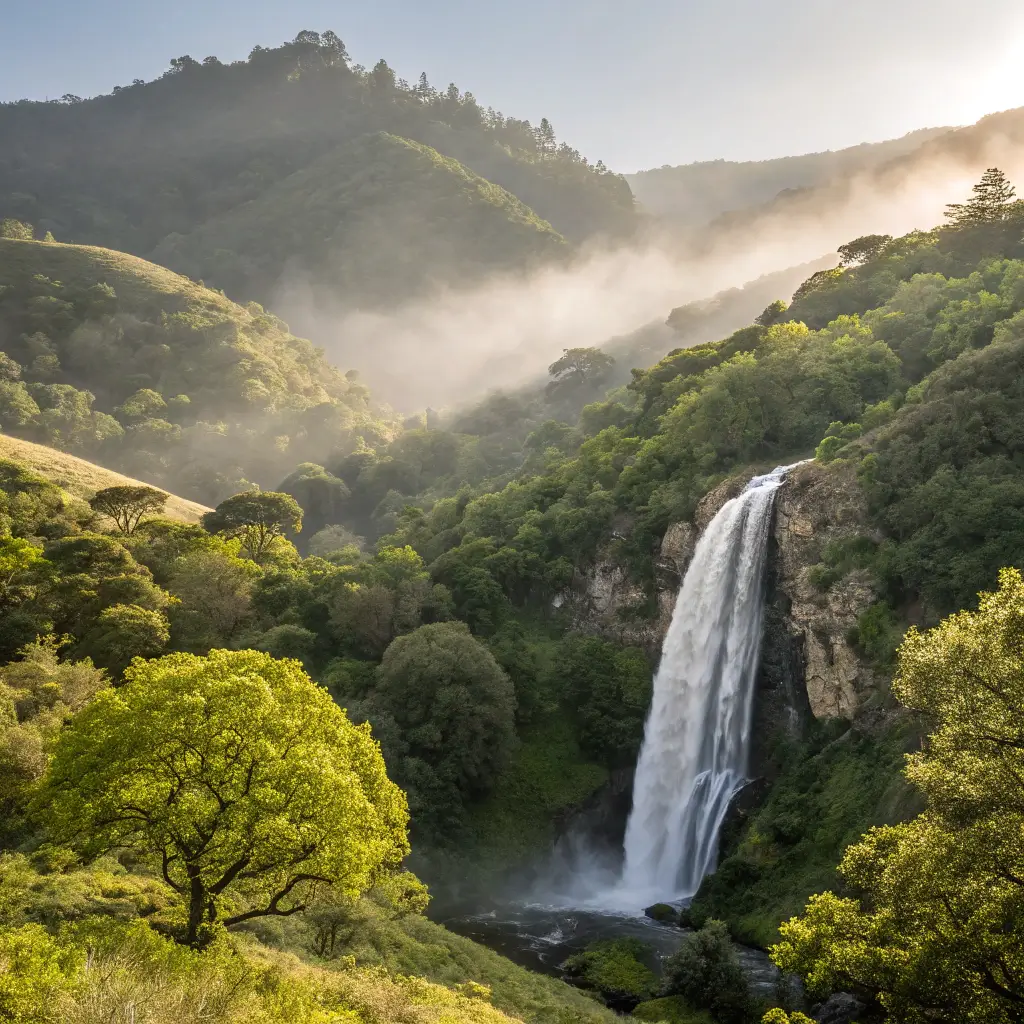 Nojoqui Falls cascading through lush greenery with morning mist and soft sunlight in Santa Ynez Valley