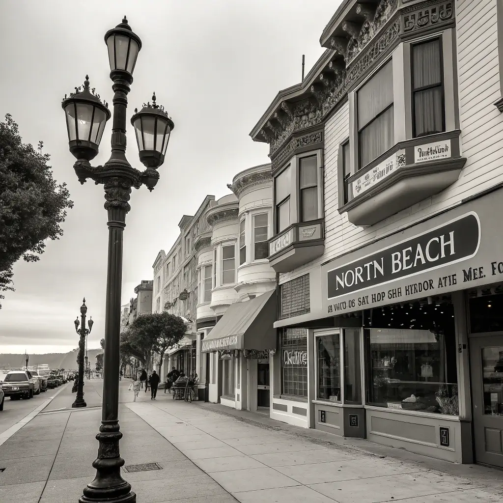 Vintage black and white image of North Beach's historic cafes, old street lamps, and architectural details reflecting beat generation aesthetic