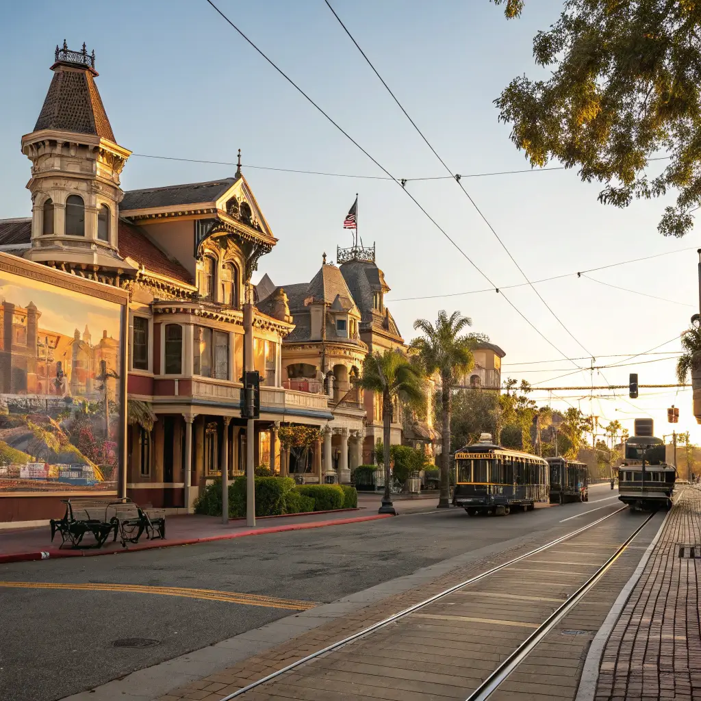 Vintage architectural buildings in North Park neighborhood at golden hour, with parked vintage cars and street art murals