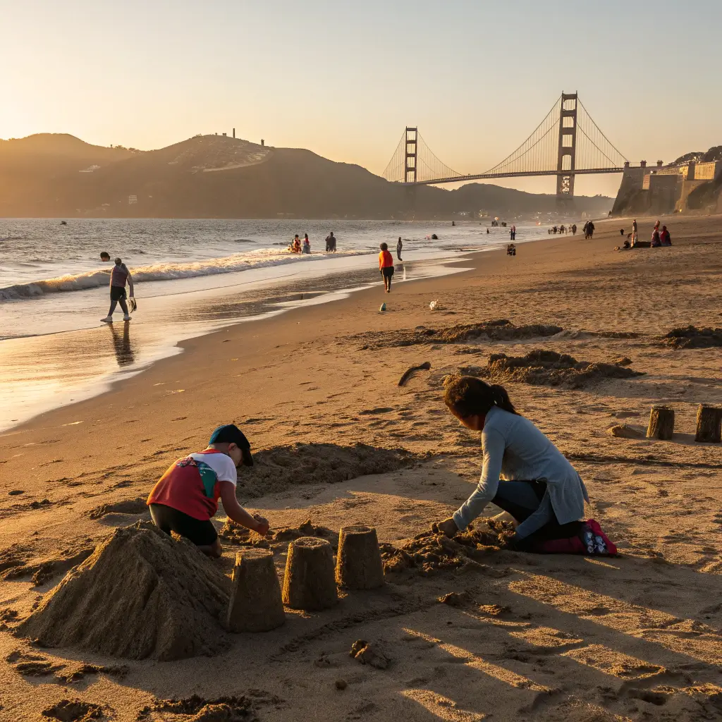 Children building sand castles at sunset on Ocean Beach, with San Francisco's coastline in the background