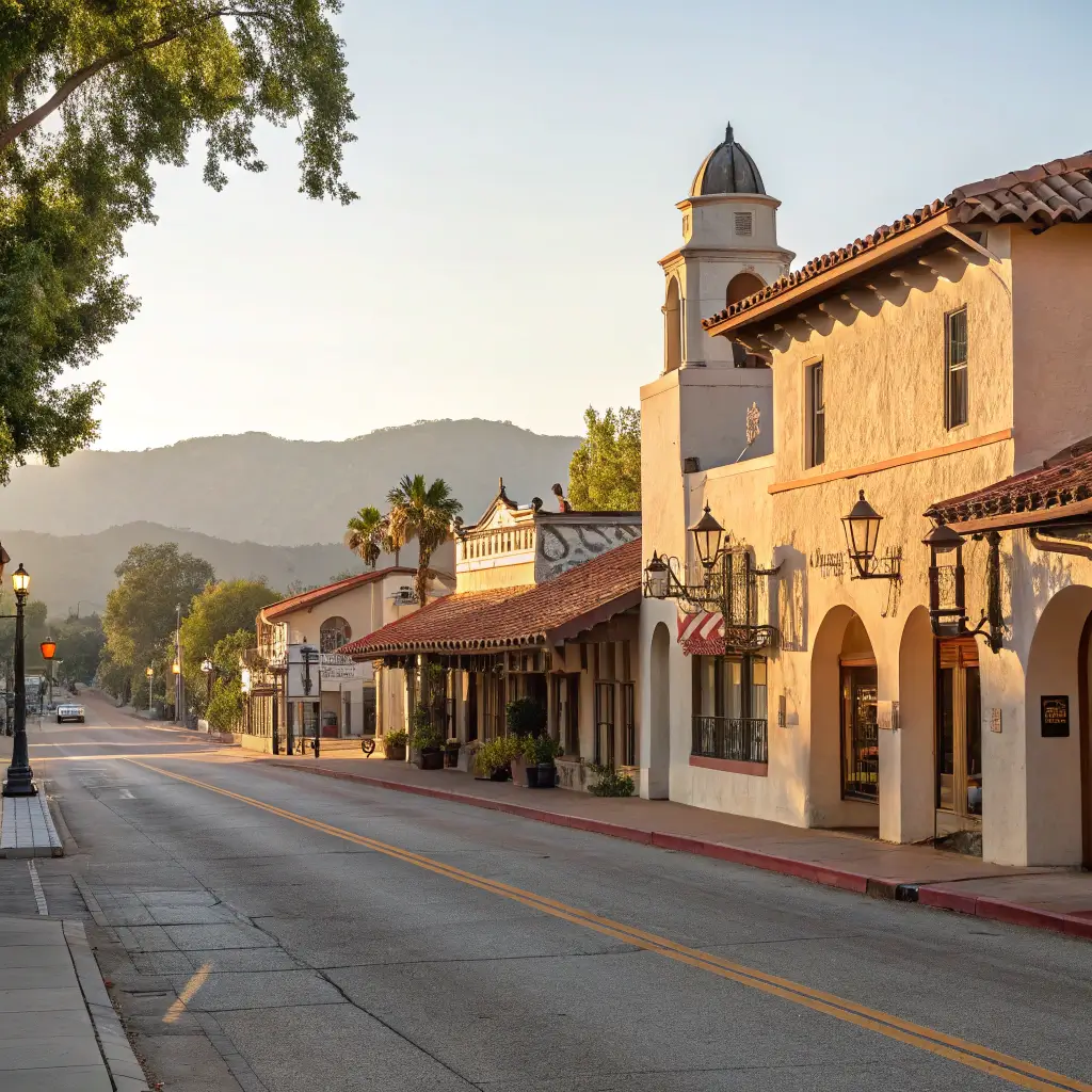Downtown Ojai street view featuring Spanish-style buildings with terracotta roofs, soft warm shadows, and historic architectural details under California sunlight