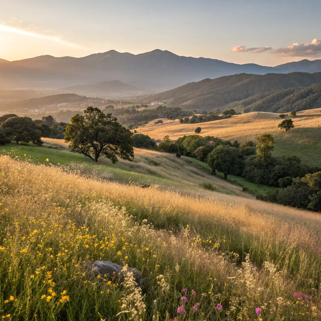 Golden hour panorama of Ojai Meadows Preserve, with morning light on meadow grasses, distant mountain silhouettes, and swaying wildflowers