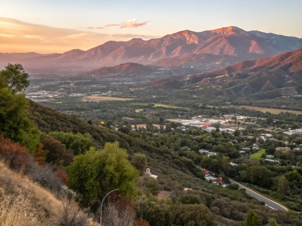 "Golden-hour photograph of Ojai Valley showcasing Pink Moment sunset on Topa Topa Mountains, Spanish-style architecture of downtown Ojai, Meditation Mount, hikers, Bart's Books, Farmers' Market, Rose Valley Falls, and wildlife silhouettes."