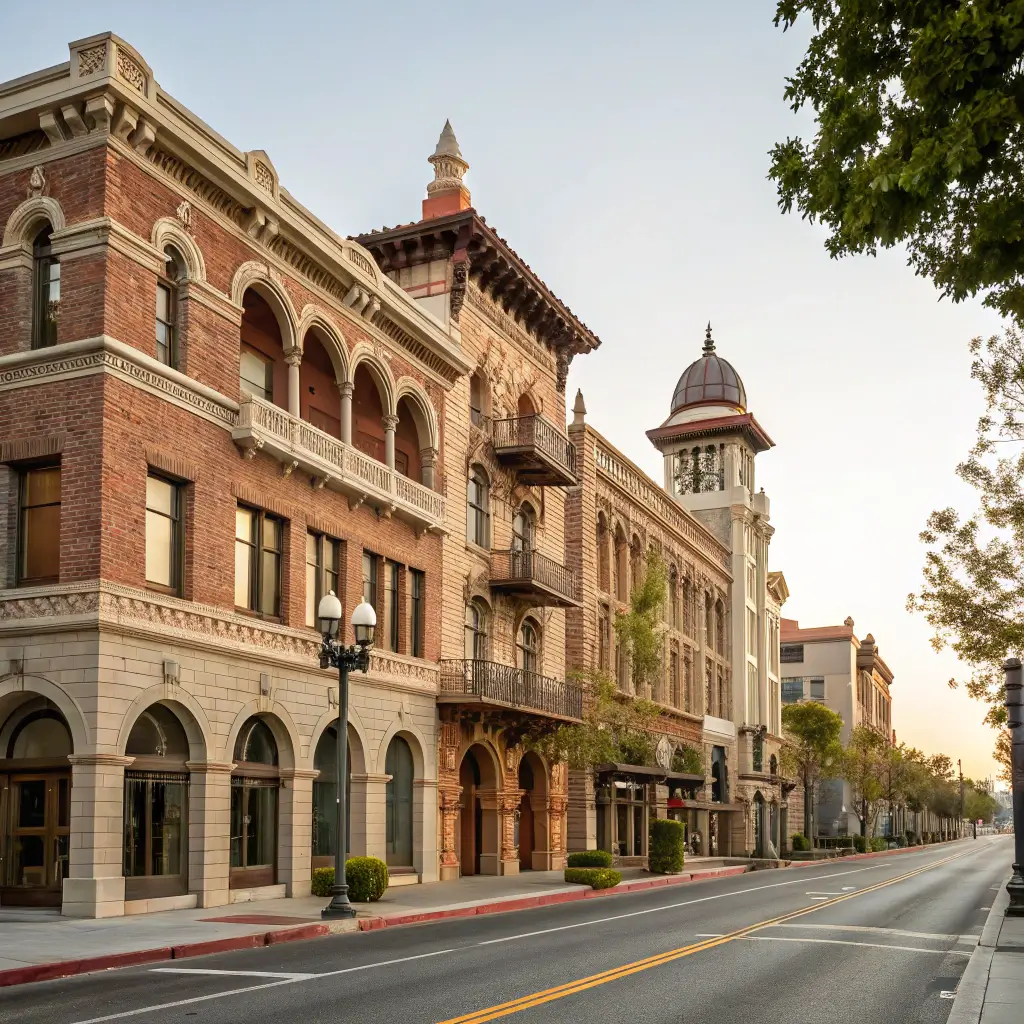 19th-century historic building facacades in Old Pasadena's district along Colorado Boulevard, with detailed brick and stone work in soft natural light