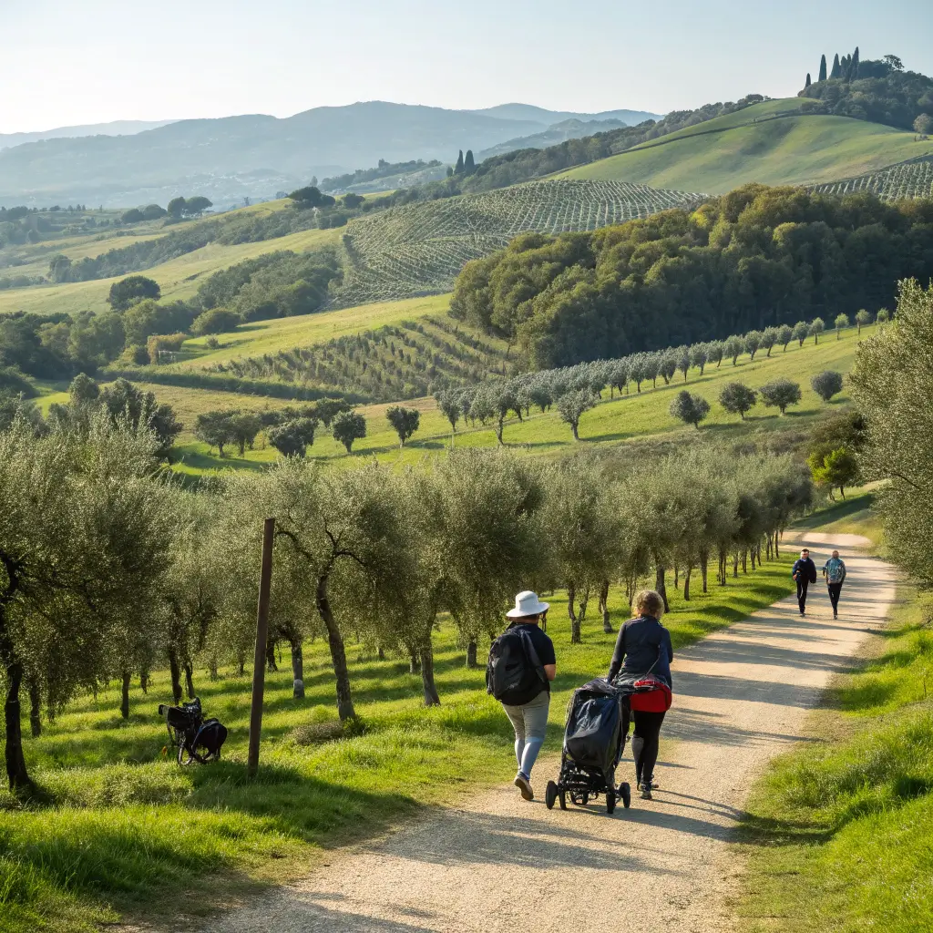 Visitors strolling in a sunny olive oil farm with rolling green hills, olive trees and natural daylight