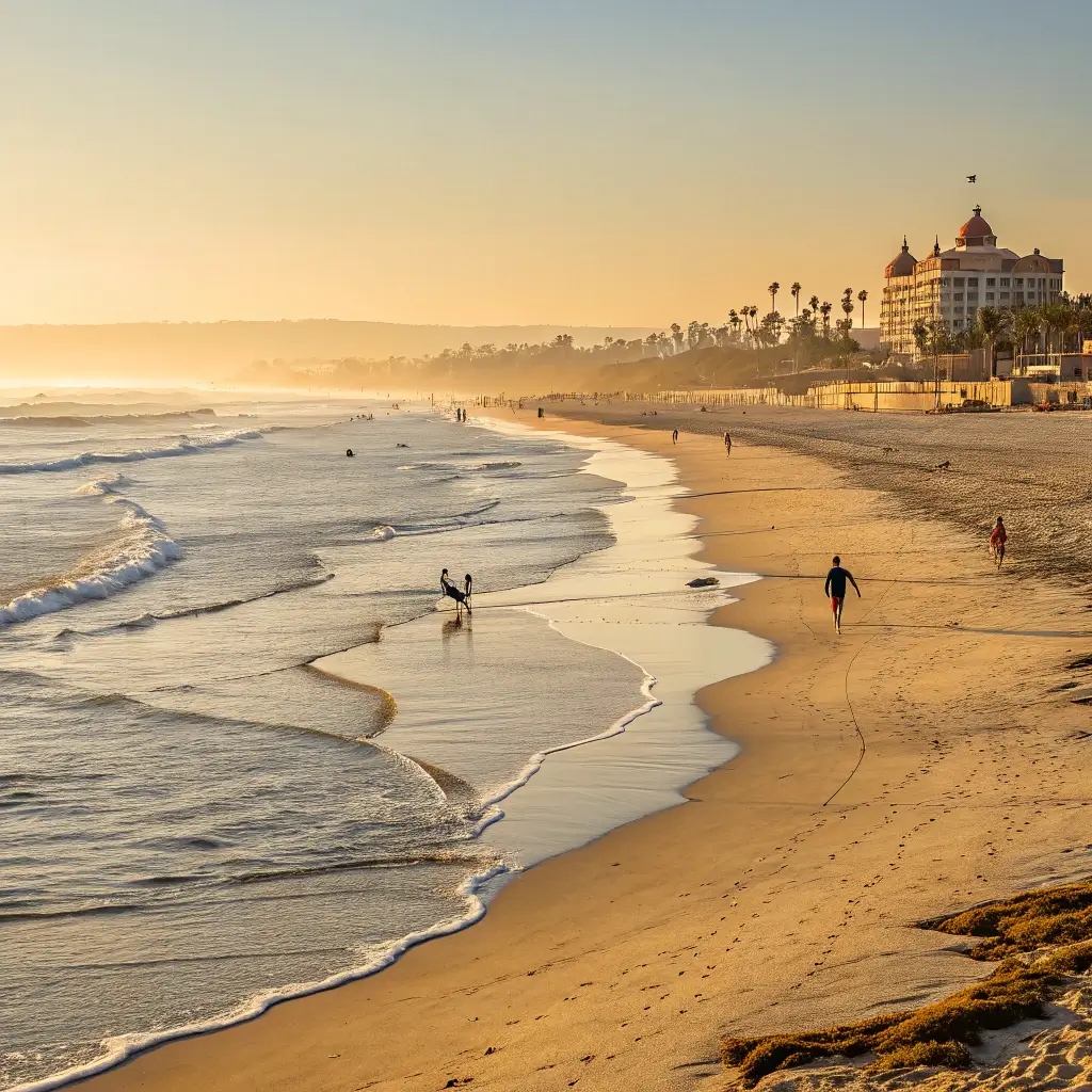 Free Things to Do in Coronado: Your Ultimate Budget-Friendly Island Adventure Guide Early morning view of a golden sandy beach with gentle Pacific waves, distant surfers, and Hotel del Coronado in the background under a clear sky