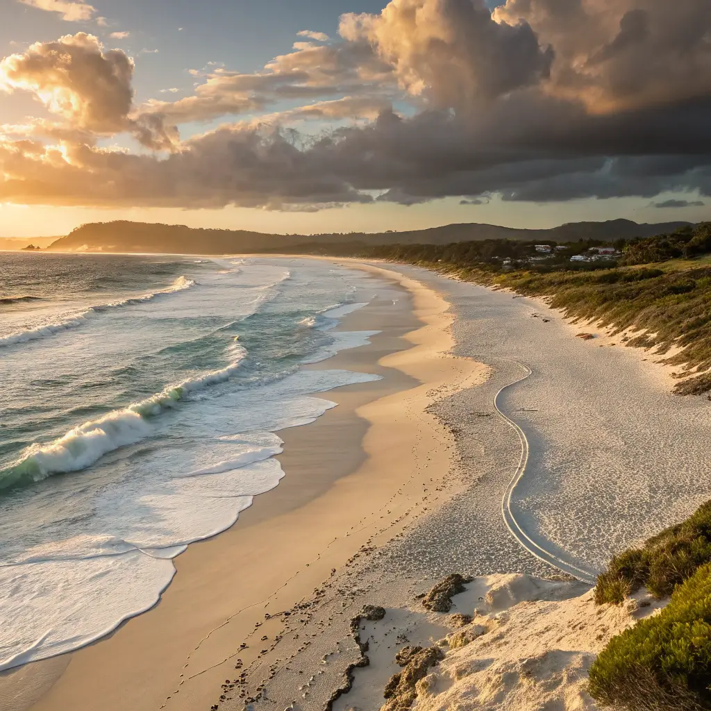 Pristine white sandy beach at sunset with gentle Pacific Ocean waves, golden light casting shadows, dramatic sky with soft colors, panoramic view of the empty coastline