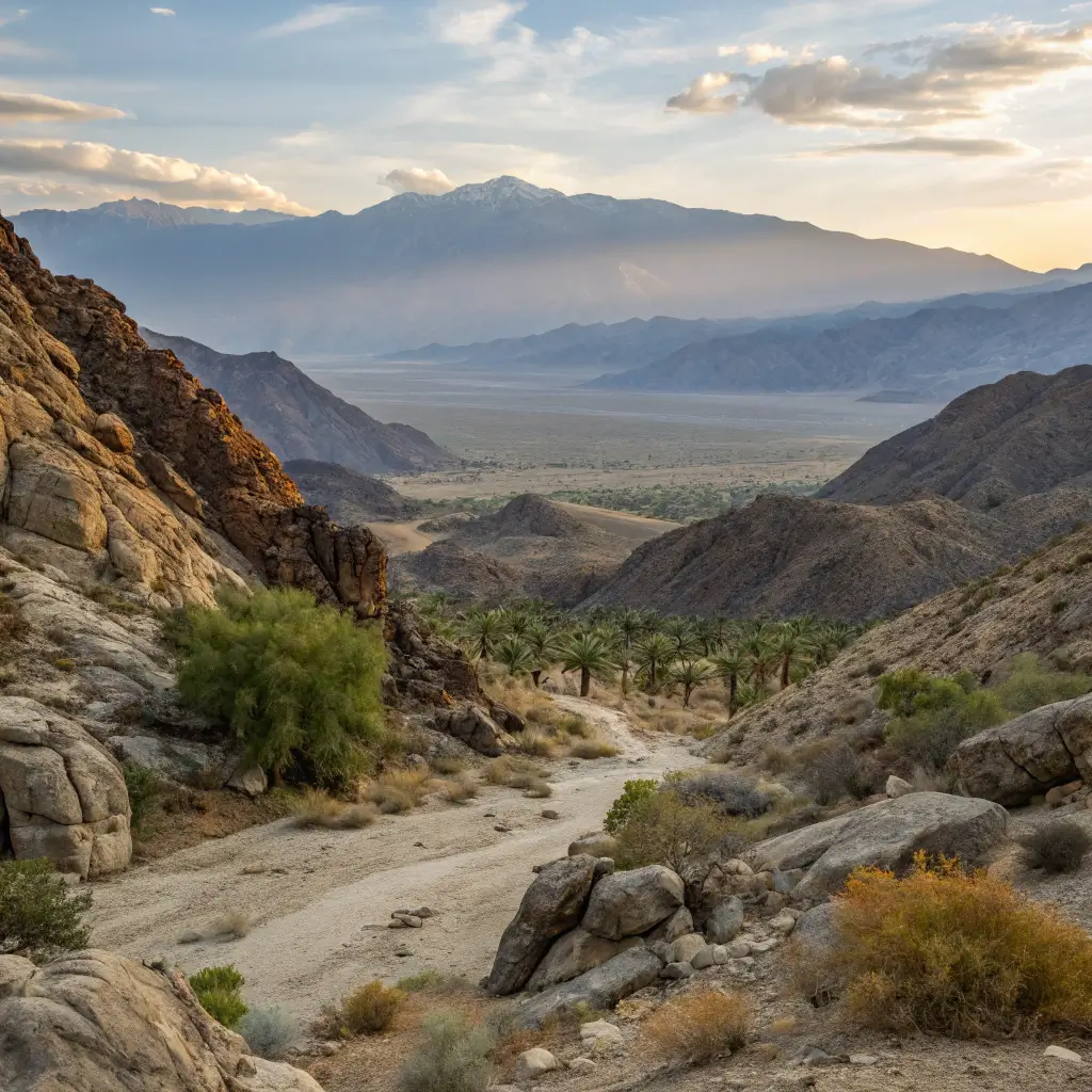 Sweeping landscape of Indian Canyons with rocky formations, sparse vegetation, and distant mountains in Palm Springs under soft morning light