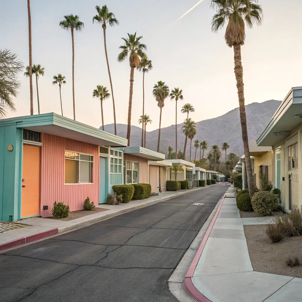 Pastel-colored mid-century modern houses in Palm Springs street scene with geometric architecture and soft morning shadows