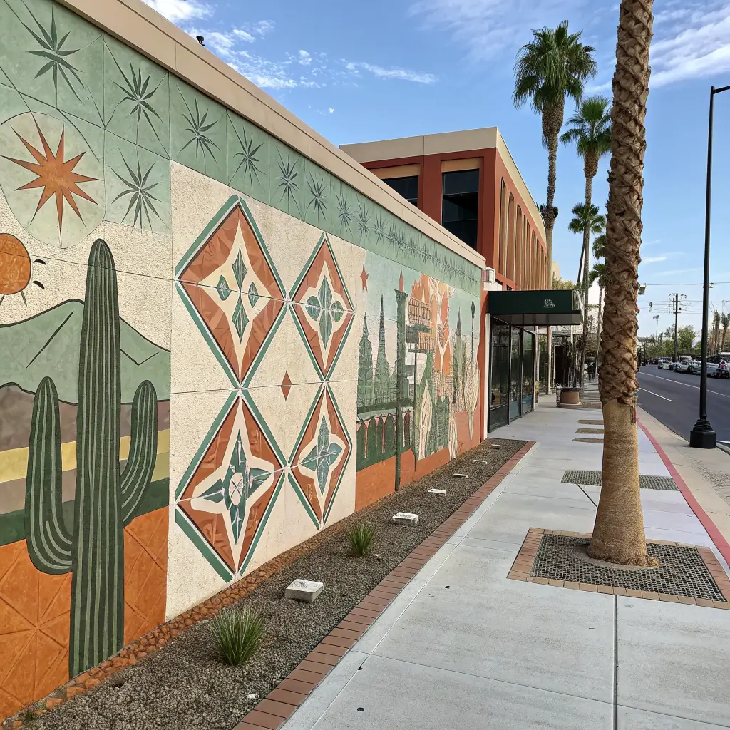 Colorful street mural in downtown Palm Springs featuring mid-century modern design, desert-inspired colors, and intricate geometric patterns reflecting the area's unique culture and aesthetics