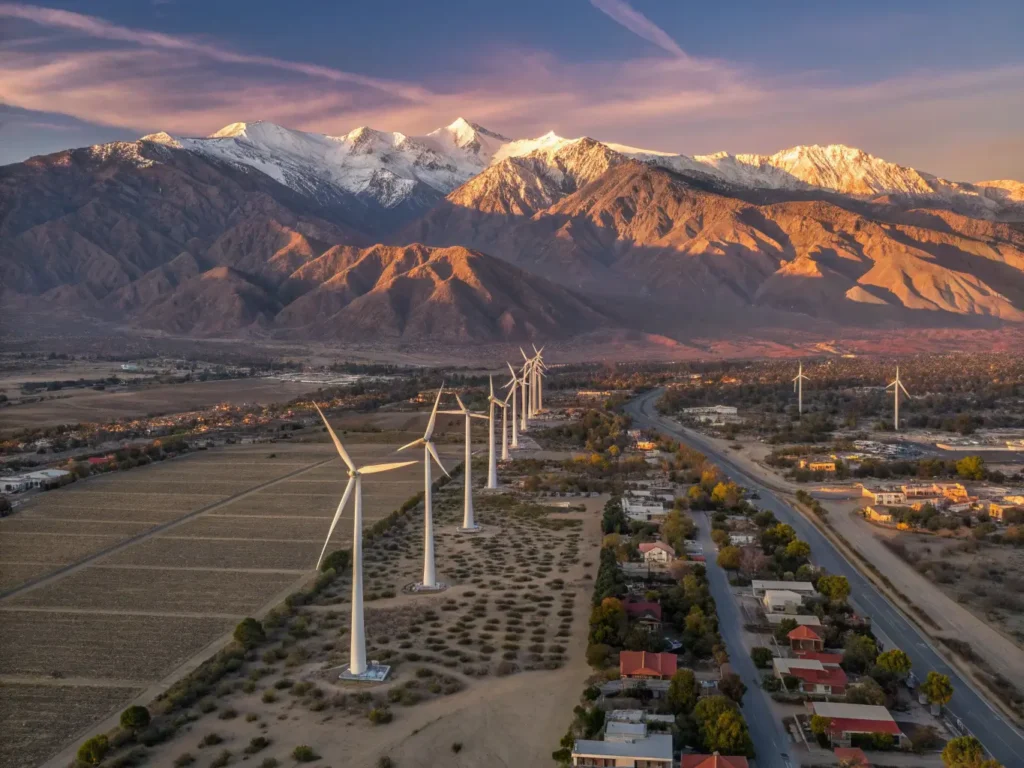 "Panoramic aerial sunset view of Palm Springs with windmills, mid-century architecture, San Jacinto Mountains, and hiking trails"