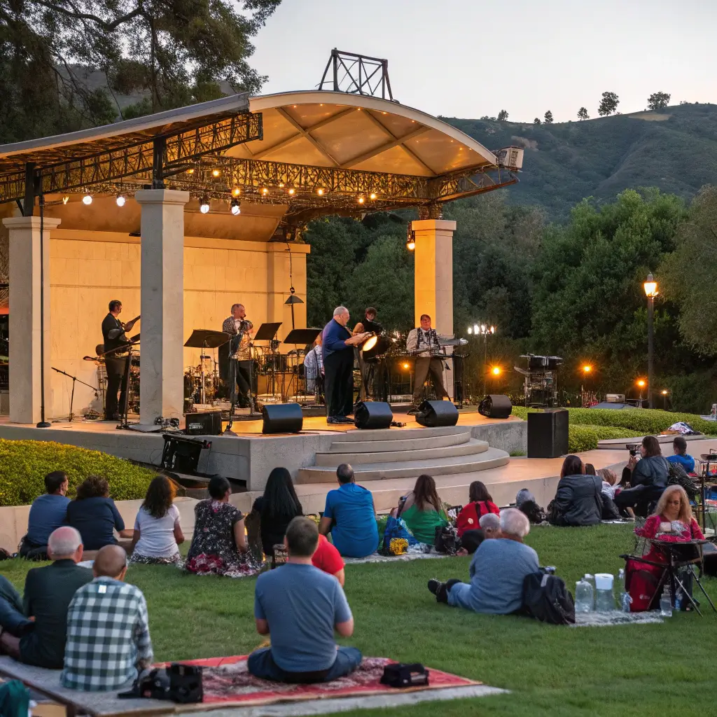 Jazz ensemble performing at a community concert in a Pasadena public park with diverse audience members sitting on picnic blankets in green landscape under warm evening light