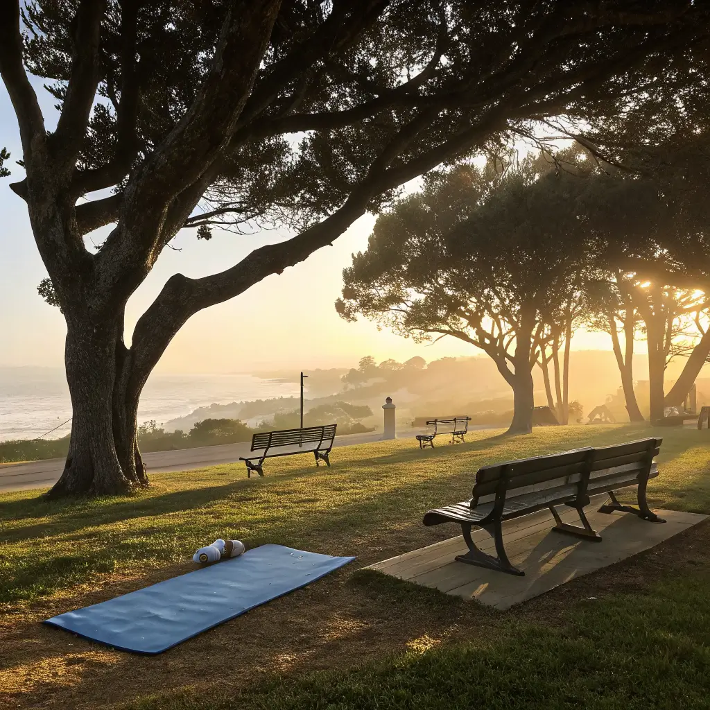 Yoga mat in serene morning scene at Beach Front Park with golden sunlight filtering through trees, empty benches, and misty ocean view in distance