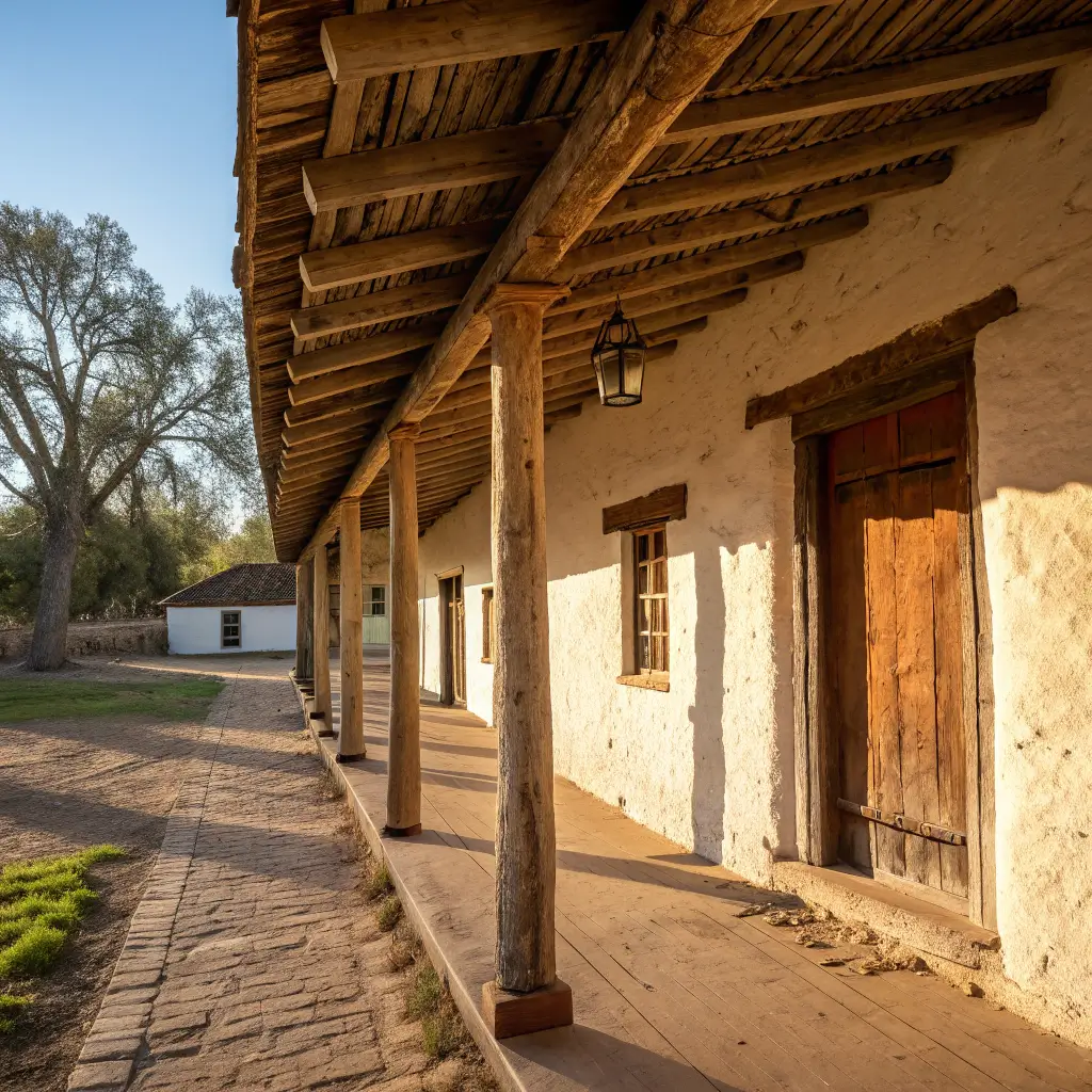 Free Things To Do in Petaluma: Your Ultimate Zero-Cost Adventure Guide! Historic architectural detail of Petaluma Adobe State Historic Park with weathered wooden elements and shadow details on aged adobe walls under warm California sunlight