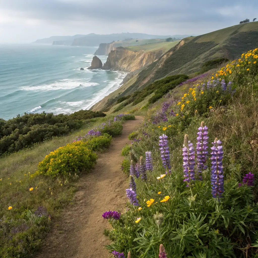 Close-up of wildflowers at Pillar Point Bluff Trail with coastal view and ocean horizon in the background