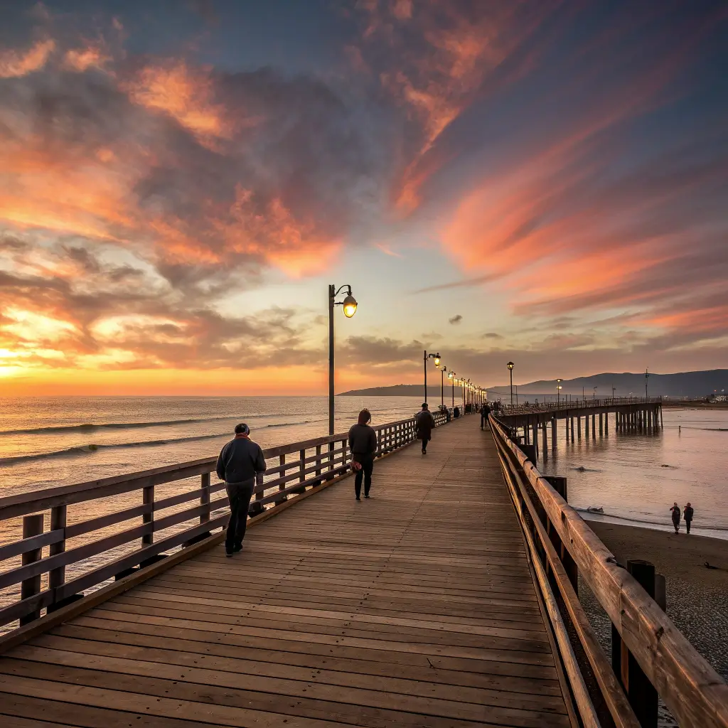 Pismo Beach Pier captured at golden hour with the wooden walkway, dramatic sky colors and silhouetted figures
