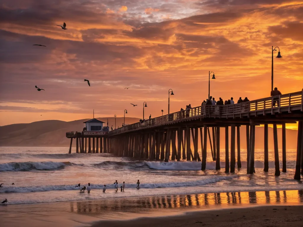 "Panoramic sunset view of Pismo Beach Pier with vibrant orange and purple sky, silhouetted people, soaring seabirds, crashing waves, distant sand dunes, and surfers near the pier."