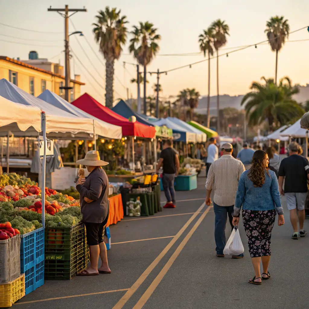 Candid scene of Pismo Summer Market with colorful stalls, fresh produce, locals browsing in warm golden hour light
