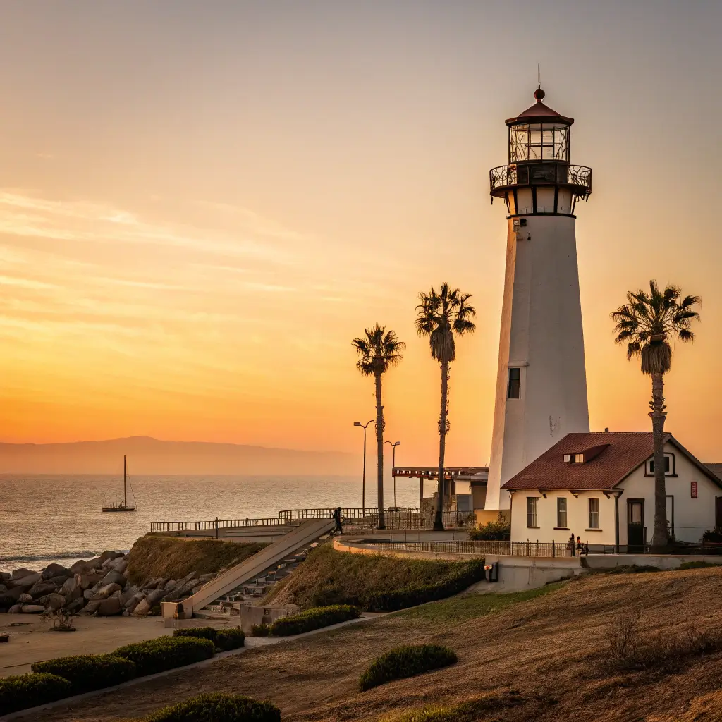 Golden-hour sunset over Port Hueneme Lighthouse against a serene Pacific Ocean backdrop