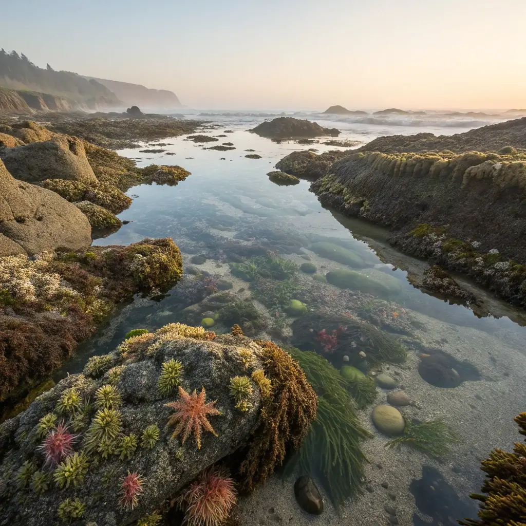 Tide pool ecosystem at low tide showcasing intricate marine life amongst rocks, illuminated by soft morning light
