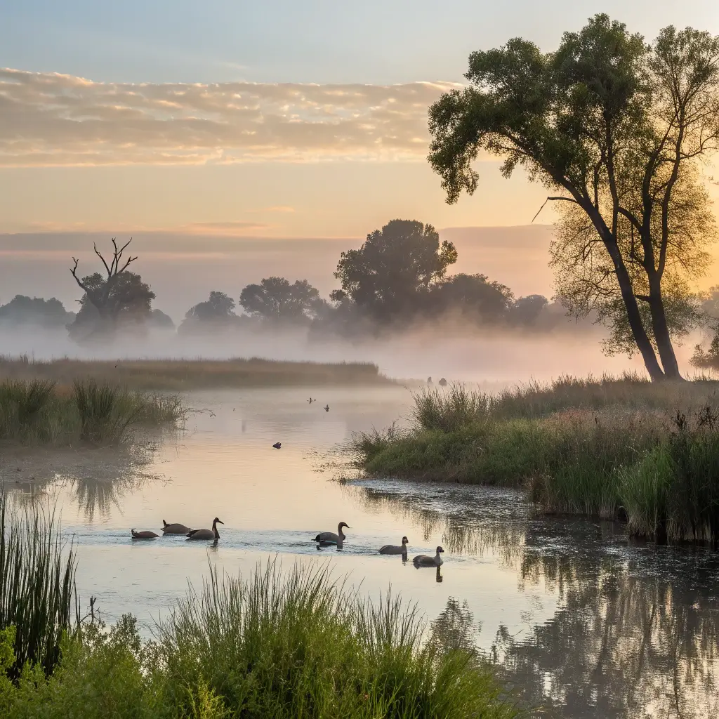 Free Things to Do in Davis: A Budget-Friendly Adventure Guide Serene sunrise at Putah Creek Wetlands depicting misty water reflection, morning light through trees, native wildlife and diverse ecosystem, sans human presence