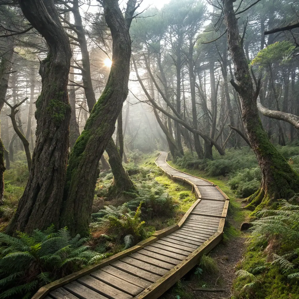 Boardwalk trail winding through a pygmy forest with knee-high ancient trees, ferns, moss and filtered sunlight creating a mystical atmosphere