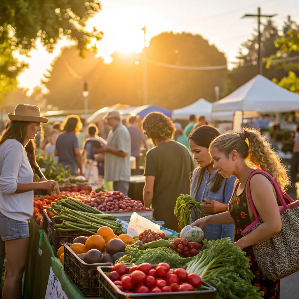 Exploring Redding's Hidden Treasures: Your Ultimate Free Adventure Guide Local community members interacting at a vibrant Redding farmers market with stands of fresh produce, highlighted by warm sunlight, showcasing community spirit and local culture.
