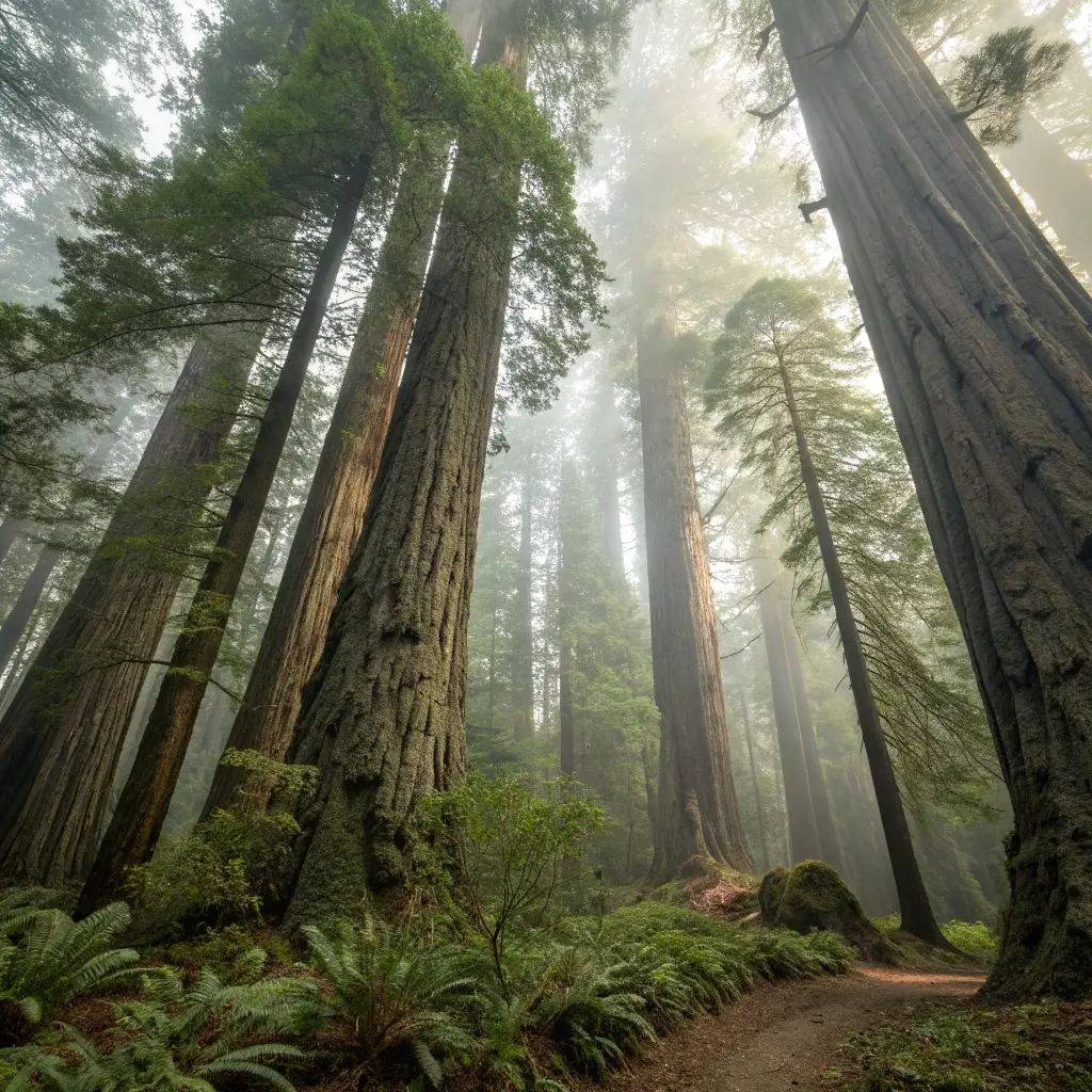 12 Jaw-Dropping Free Adventures in Calistoga That Will Blow Your Mind (Without Blowing Your Budget) Mystical redwood grove in Bothe-Napa Valley State Park with soft light filtering through the tree canopies over a rich green and brown forest floor