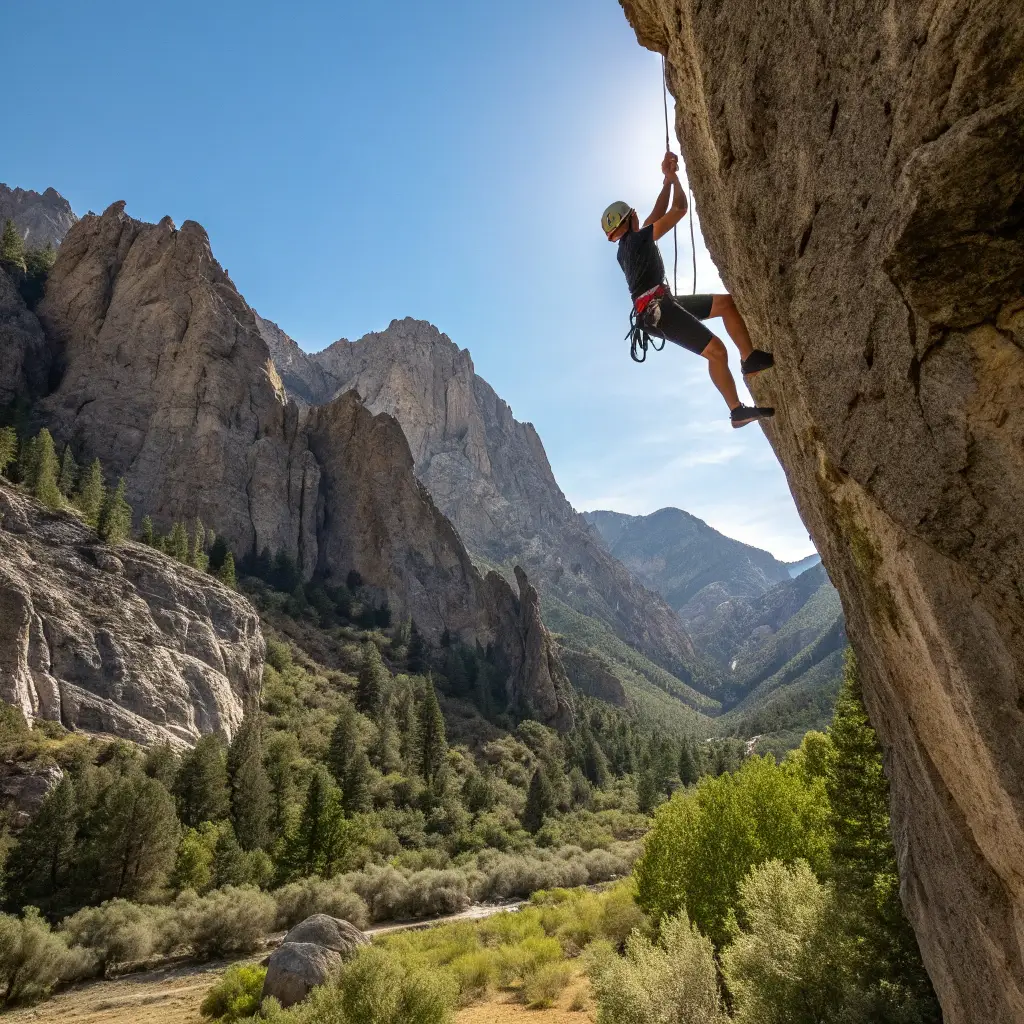 Rock climber scaling a volcanic formation in Rock Creek Canyon with rugged mountains in the background