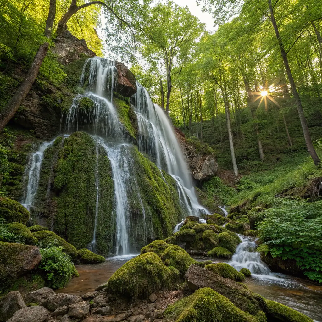 Cascading waterfall at Rose Valley Falls amidst lush greenery with moss-covered rocks and gentle sunlight creating a serene atmosphere