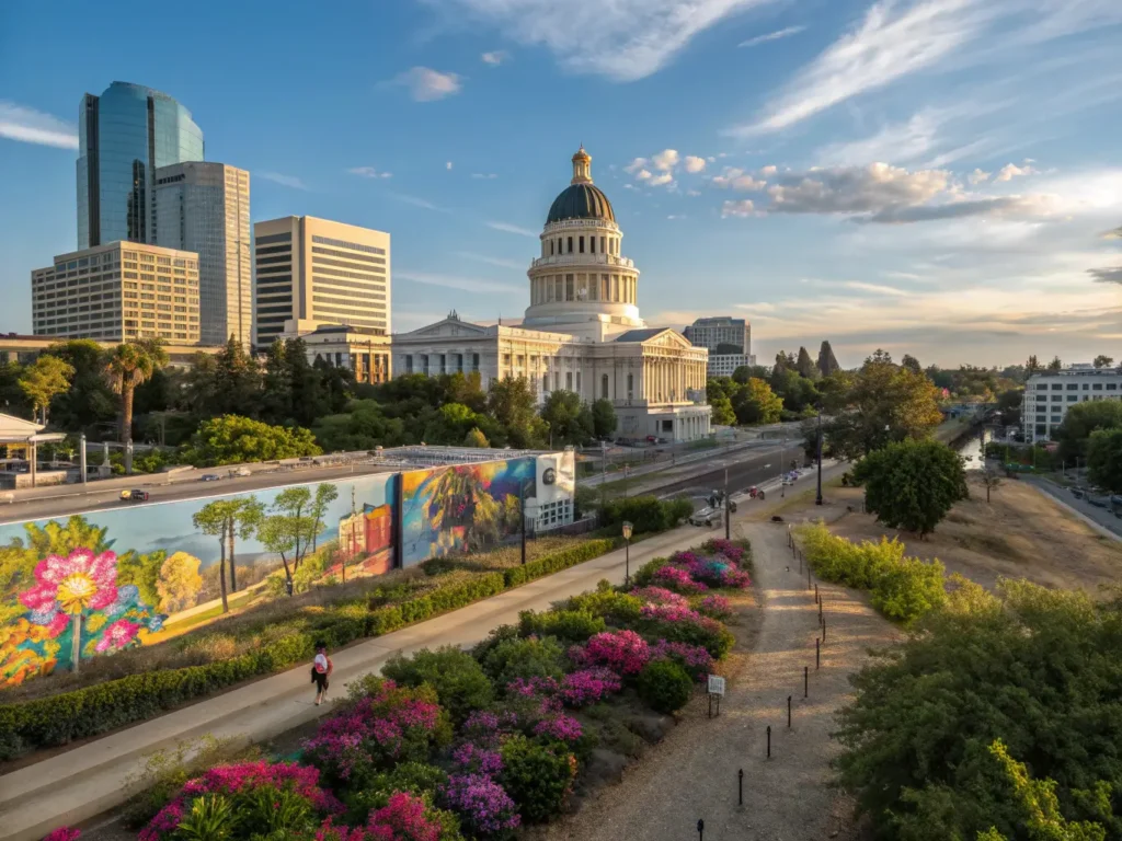 "Panoramic view of Sacramento's skyline featuring California State Capitol, Wide Open Walls murals, Old Sacramento cobblestone streets, and American River parkway under a blue sky."