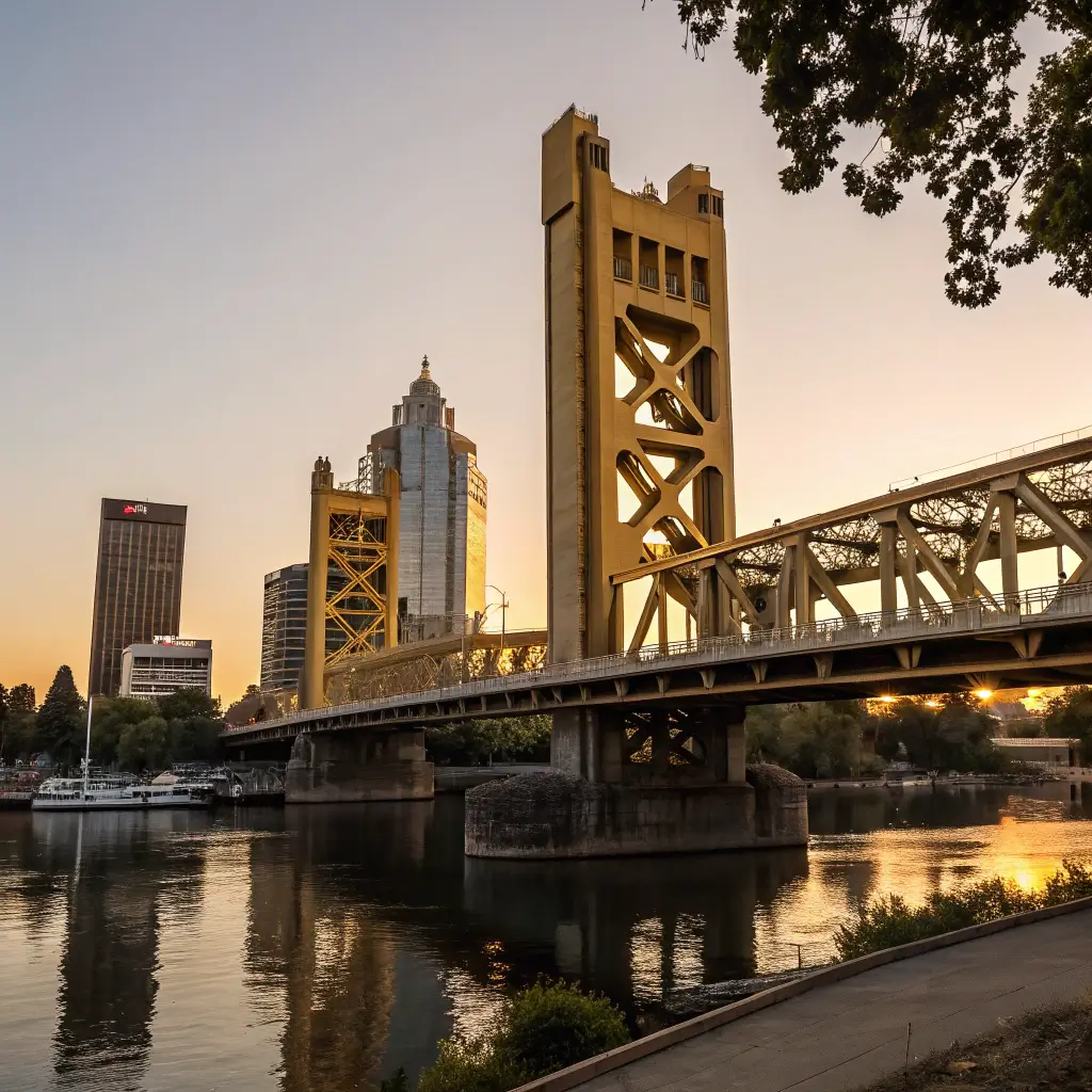 Tower Bridge at golden hour with Sacramento skyline, architectural details, water reflections, and light-shadow interplay
