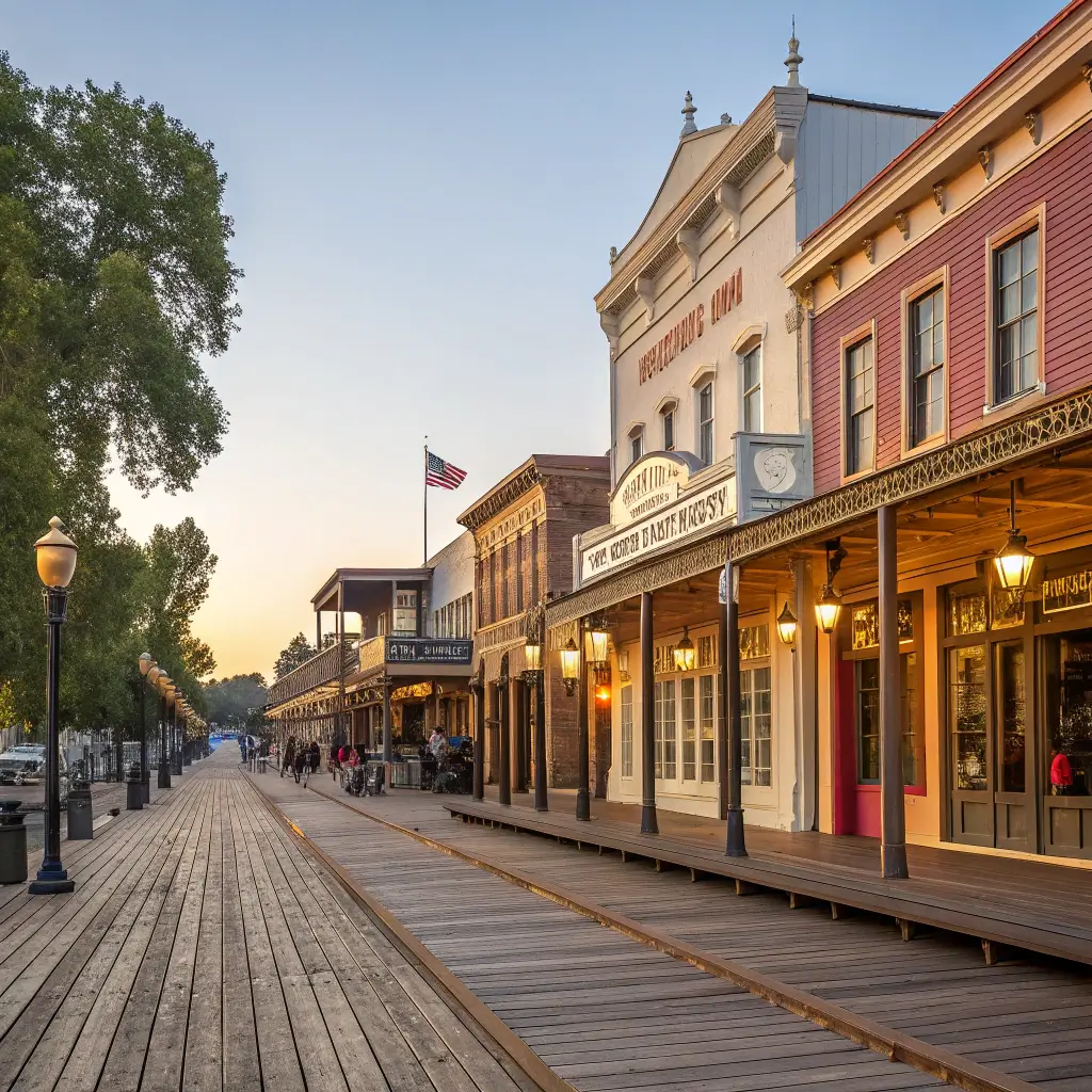 Historic Old Sacramento Waterfront street scene with wooden boardwalks, 19th-century buildings, vintage wooden storefronts, and soft golden hour lighting