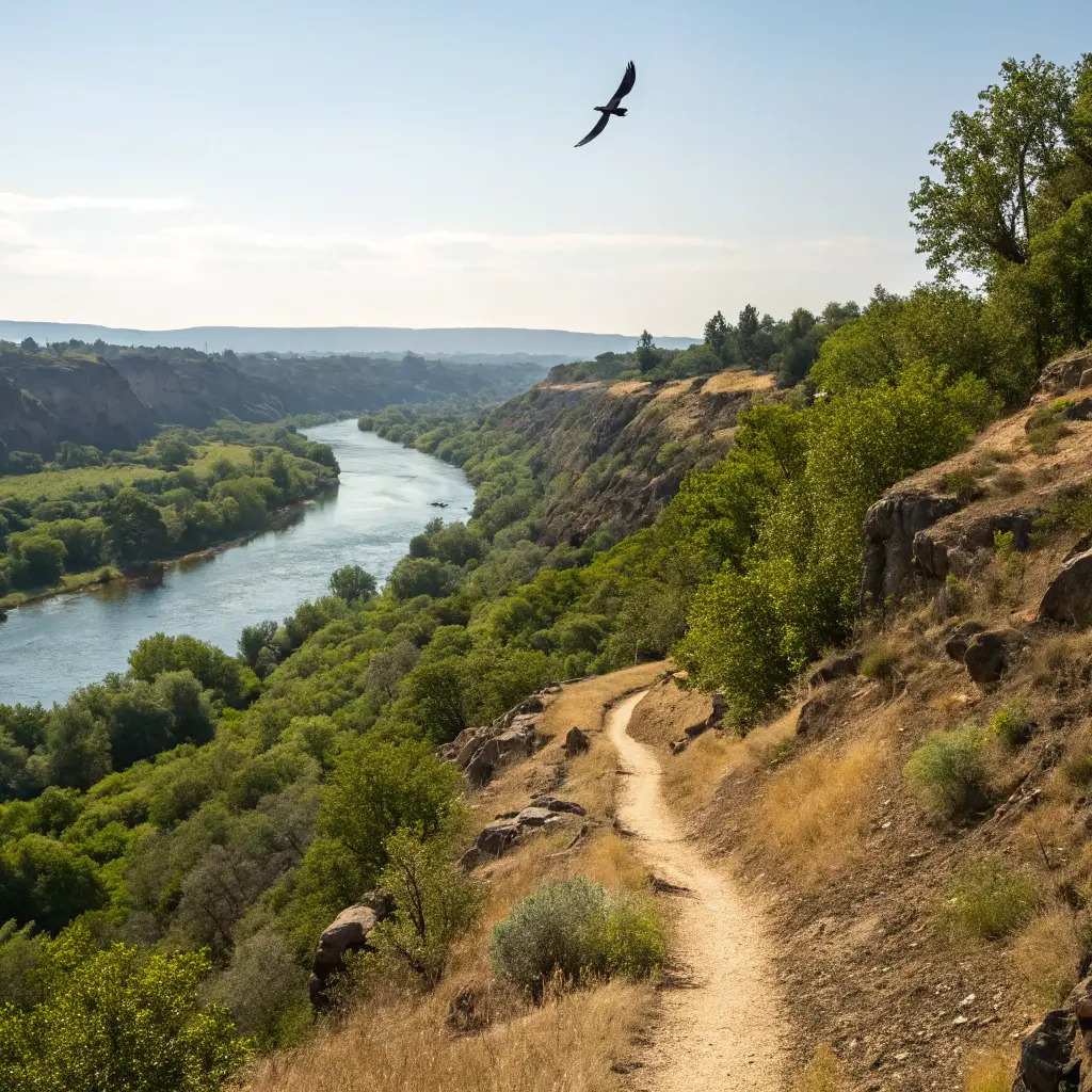 Exploring Redding's Hidden Treasures: Your Ultimate Free Adventure Guide Sweeping landscape view of the Sacramento River Trail showcasing a winding hiking path near the river, lush green vegetation, rocky terrain, and an osprey in mid-flight against a clear blue sky.