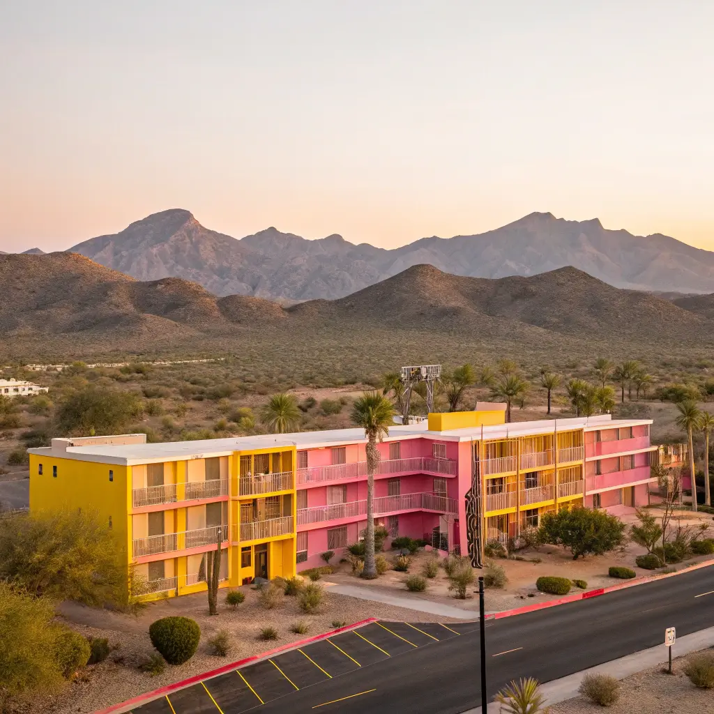 Saguaro Hotel's vibrant pink and yellow exterior centered amidst desert mountains during golden hour