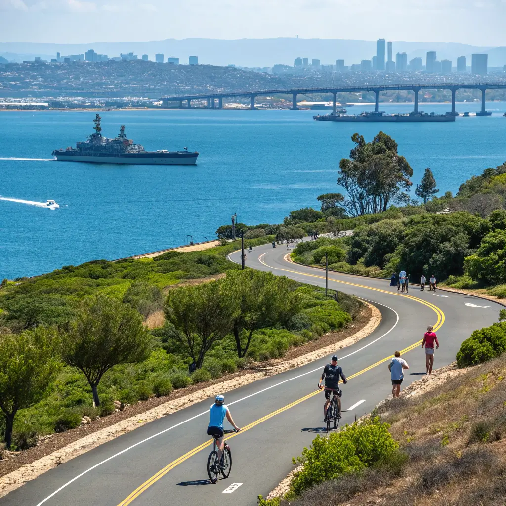 Free Things to Do in Coronado: Your Ultimate Budget-Friendly Island Adventure Guide Cyclists and pedestrians on the Bayshore Bikeway with panoramic view of San Diego bay, navy ships, clear blue water, city skyline, and California coastal landscape under bright sunshine