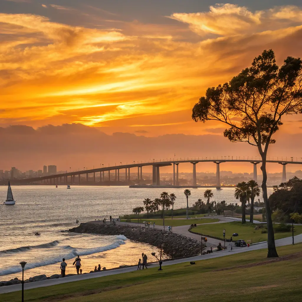 Free Things to Do in Coronado: Your Ultimate Budget-Friendly Island Adventure Guide Vibrant sunset over Centennial Park, with silhouette of San Diego-Coronado Bridge against a gold-orange sky and gentle ocean breezes moving the foreground landscape
