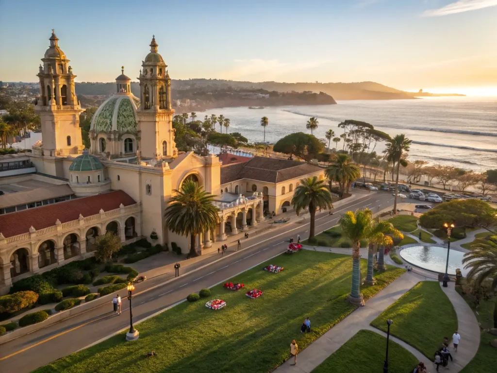 "Panoramic view of San Diego's coastline at sunset featuring Balboa Park's Spanish Colonial architecture, La Jolla Cove, and the Gaslamp Quarter under a golden light"