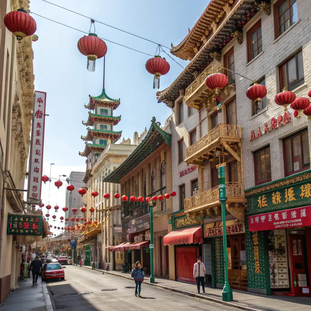 Bustling street in San Francisco's Chinatown, showcasing colorful storefronts, intricate architecture, traditional lanterns, and vibrant pedestrian activity