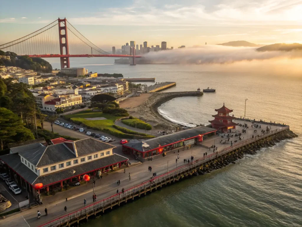 "Panoramic view of San Francisco with Golden Gate Bridge, Chinatown, Pier 39, Baker Beach, and Golden Gate Park with golden sunset light and fog rolling in, showing city life and diverse attractions."