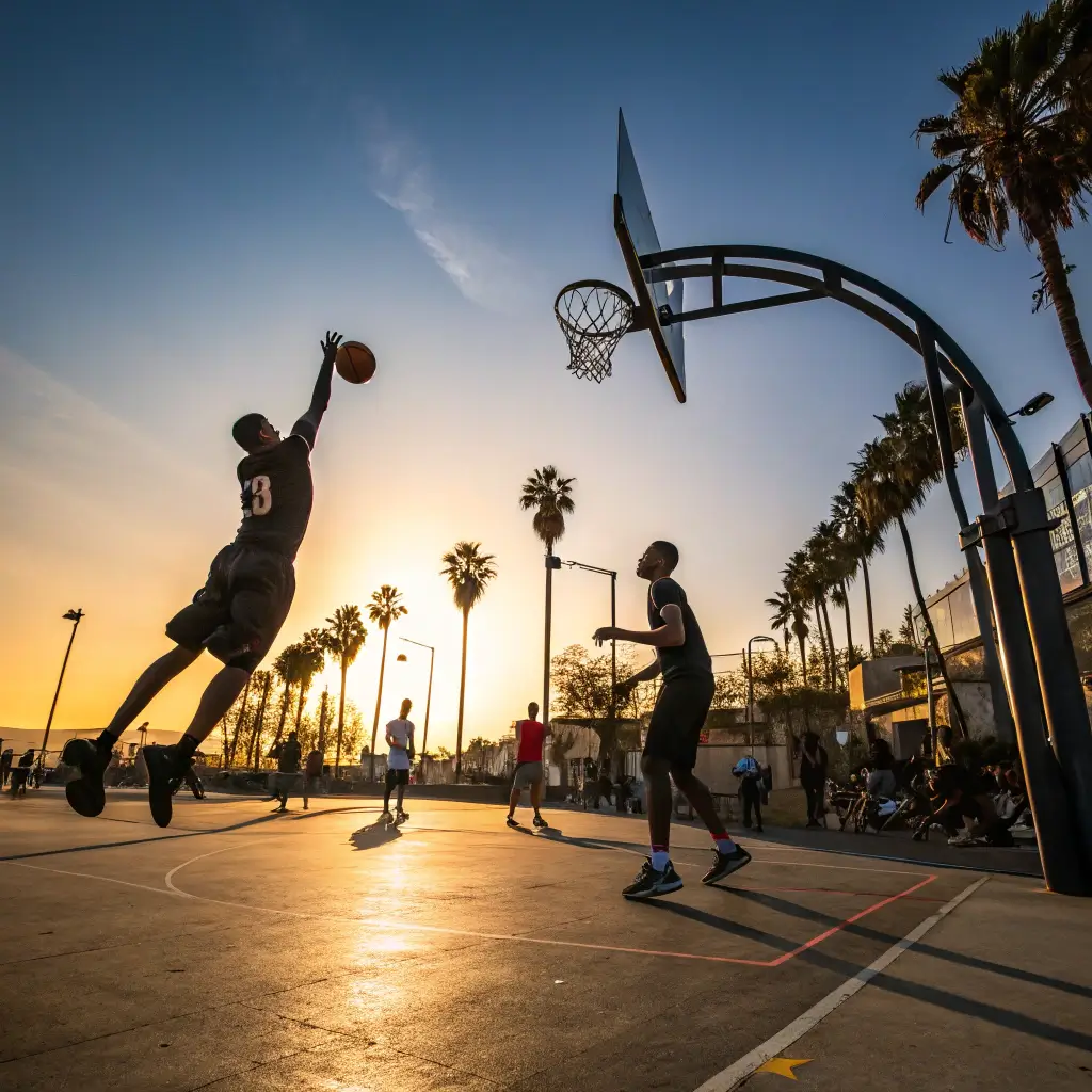 Silhouetted basketball players on a public court in a San Jose park during golden hour, with sun casting long shadows, portraying vibrant urban recreational activity