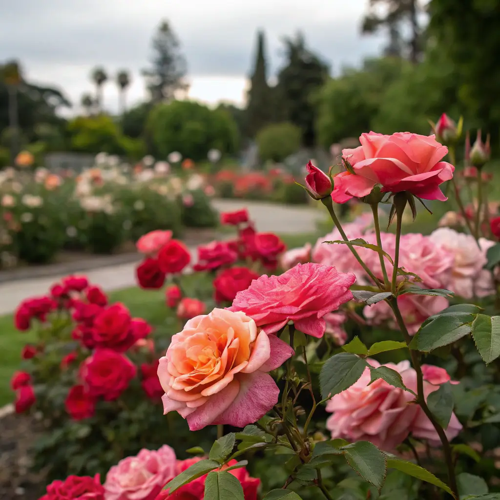 Close-up of intricate rose petals in San Jose Municipal Rose Garden with blurred background of colorful roses and lush greenery