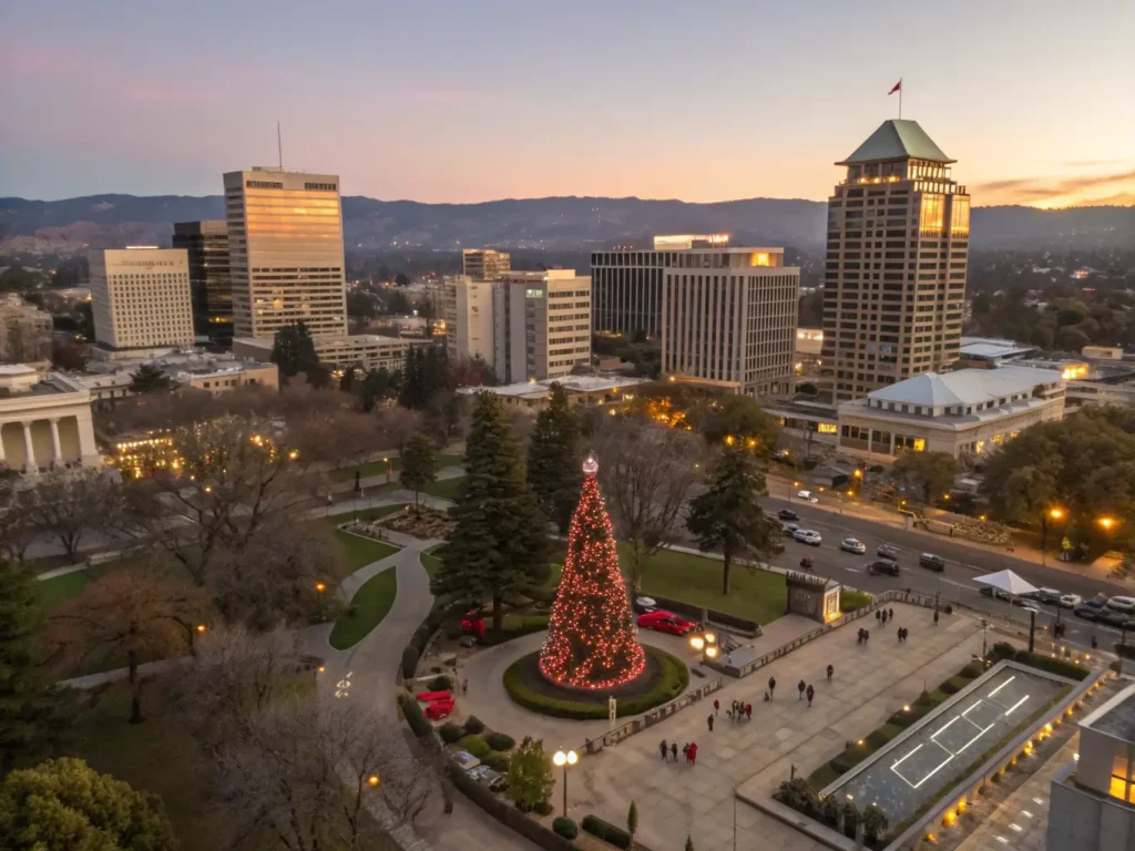 "Sundown view of downtown San Jose showcasing Plaza de Cesar Chavez with Christmas displays, blooming roses at the Municipal Rose Garden, reflections at Japanese Friendship Garden's koi pond, families at Alum Rock Park, and children playing at Rotary PlayGarden."