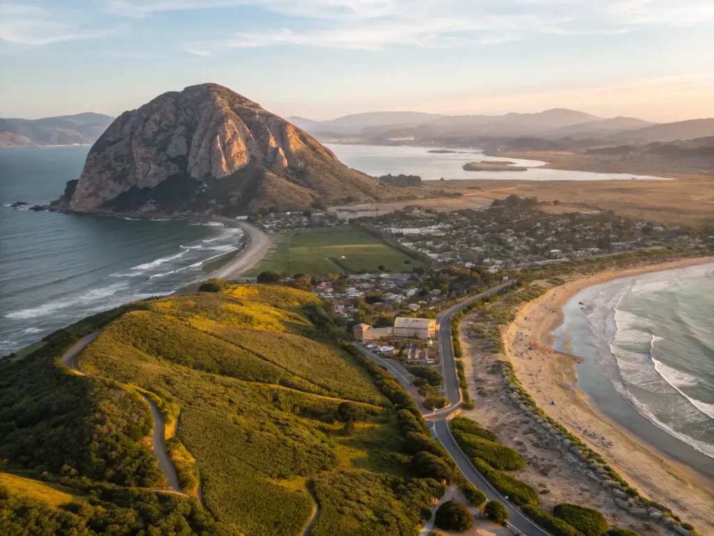 "Panoramic view of San Luis Obispo at sunset featuring Morro Rock, Montana de Oro hiking trails, Moonstone Beach, a monarch butterfly grove, lounging elephant seals, and the historic Mission San Luis Obispo de Tolosa."